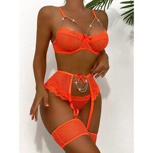 SEXY Eyelash Fishnet Lingerie Chain Babydoll Underwire Bra Panty Set Garter Belt